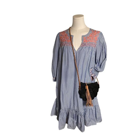 J.Crew Re-Imagined Boho Dress S Blue White Striped Embroidered Cotton Peasant - Picture 1 of 14